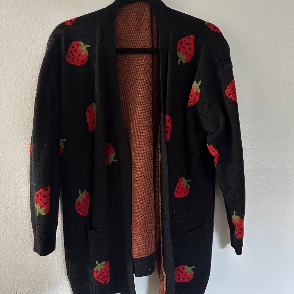 BloomChic Black Cardigan with Red Strawberry Design